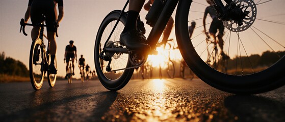 cyclist silhouette riding along a street at sunset casting a long shadow on the pavement. | travel, leisure, sport, lifestyle, outdoor theme