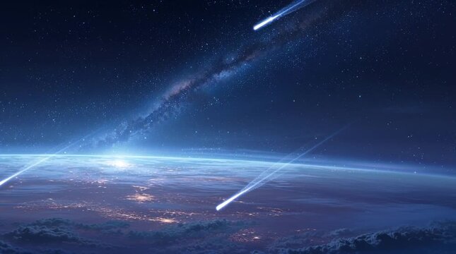 Three comets streak across a starry sky above earth with city lights visible on the horizon view