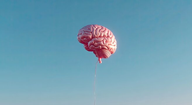 A pink brain-shaped balloon floats in a clear sky