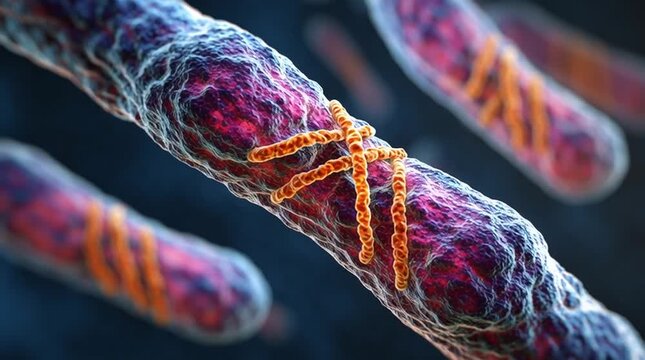 Close up of a cell with a visible nucleoid and cell wall against a dark blue background in detail