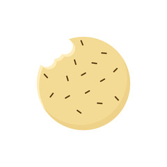 Vector illustration of a delicious sugar cookie with chocolate sprinkles, a sweet baked food snack with a bite mark isolated on a white background