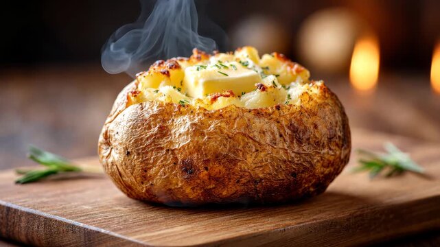 Steaming baked potato with butter melting on rustic board in cozy kitchen