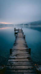 Fototapeta premium Serene Wooden Pier Extending into Misty Lake at Sunrise