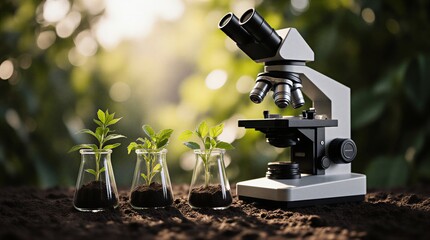 microscope examining seedling growth in petri dish, science and biotechnology research | science, research, biotechnology, education, medical theme