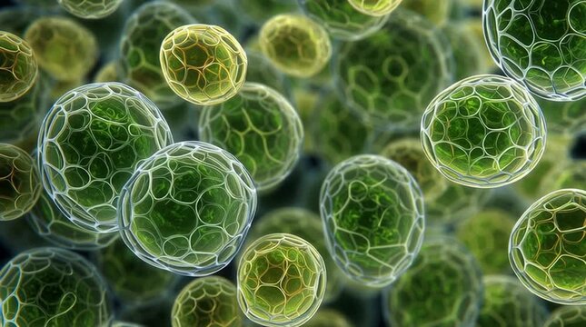 A detailed close up of many green and yellow cells with a cell like structure and transparent walls