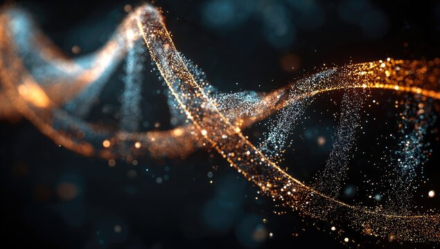 DNA double helix, glowing particles, scientific illustration
