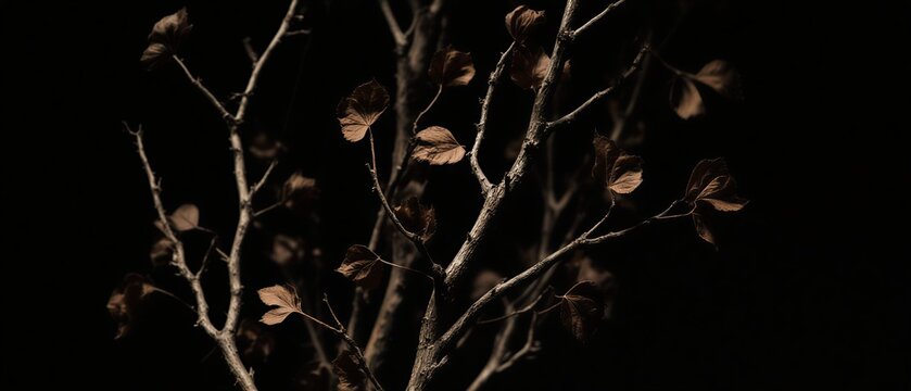 delicate branches with withered leaves against a muted dark green studio backdrop | background, botanical, vintage, design, rustic theme