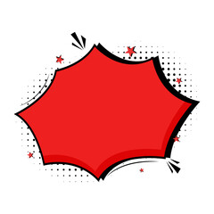Red comic book speech bubble with explosive starburst and halftone dots, dynamic graphic element for design