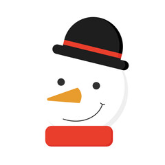 An adorable smiling snowman head wearing a black top hat and red scarf, a cheerful winter character icon wishing a Merry Christmas