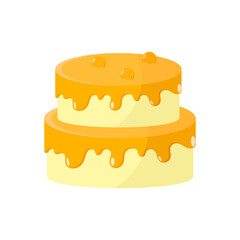 A delicious two-tiered cake topped with golden icing and small toppings, perfect for celebrations and sweet treats