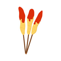 A flat vector illustration of tasty Korean street food egg rolls on skewers drizzled with delicious red sauce, isolated on a white background