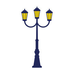 Vintage triple-headed street lights illustration on a white background. Classic old-fashioned lamppost vector icon for urban design