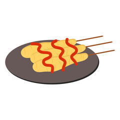 A delicious serving of Korean-style skewered egg rolls drizzled with red sauce, presented on a plate as a tasty snack