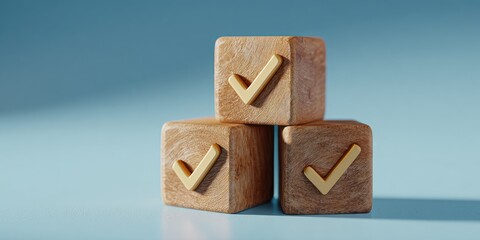 Three wooden blocks, each with a golden checkmark symbol