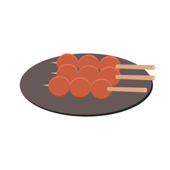 Delicious grilled meatball skewers served on a dark plate, a popular appetizer and street food concept isolated on white