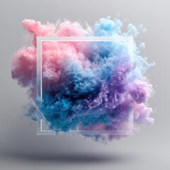 Abstract cloud-like shapes, vibrant colors, surrounded by a white square frame
