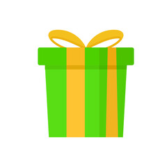 A vibrant green and yellow striped birthday box with a ribbon, isolated on white. A simple gift illustration for holiday and celebration designs
