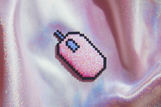Pixelated pink computer mouse on a soft, iridescent, pastel pink surface