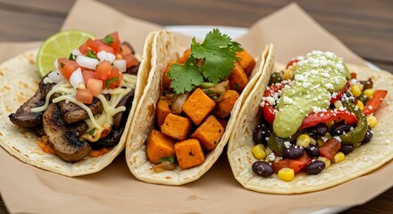 Delicious tacos displayed on brown paper with fresh ingredients