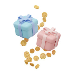 3d illustration of 3d rendering of gift box and coin isolated on transparent background concept of reward, bonus, cashback, prize, and special offer