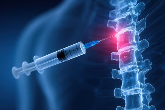 A spinal drug injection into the spine, with the injection site highlighted in red, as an advanced treatment for chronic lower back pain. Medical and scientific representation
