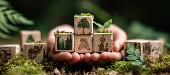 Wooden blocks, stacked in hands, decorated with miniature trees and plants, resting on moss