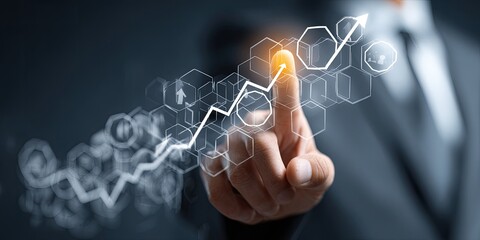 A hand interacts with a holographic chart showing upward trend and growth.  A person in a suit touches a virtual graph with a fingertip.  Abstract, futuristic, business concepts