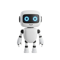 3d illustration of adorable white robot with glowing blue eyes standing isolated on transparent background, representing simplicity and modern technology
