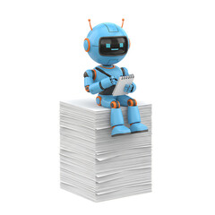 3d illustration of cute blue robot sitting on a stack of paper and writing notes isolated on transparent background, symbolizing productivity and efficiency in work