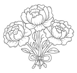 Three black line peonies, vector monochrome peony bouquet with a bow