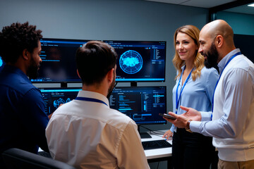 Diverse group of young adult and middle aged men and woman collaborating in control room, discussing cybersecurity data displayed on multiple computer monitors, wearing identification badges