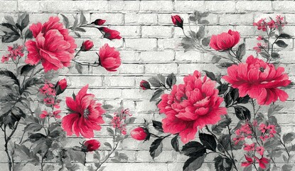 Vibrant pink floral design against a textured gray-white brick backdrop.