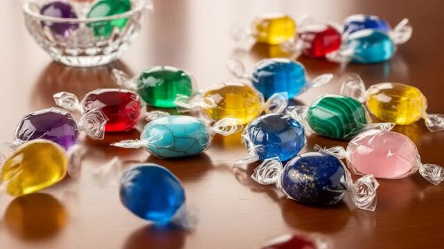 Colorful Hard Candies Assortment Displayed On Wooden Surface Near Glass Bowl