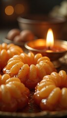Macro Close-Up of Glistening Indian Sweets Jalebi and Ladoo for Diwali. 