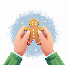 Hands of joyful elderly man holding a gingerbread cookie shaped like a Christmas figure, surrounded by a snowy background, capturing the joy of holiday baking