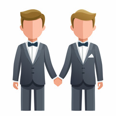 Two grooms holding hands in tuxedos, showcasing a modern wedding celebration, flat illustration style emphasizing love and unity in LGBTQ relationships with copy space