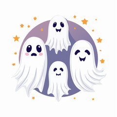 Collection of comical and creepy Halloween ghosts in flat vector style, featuring cheerful expressions and whimsical designs, perfect for festive decorations and illustrations with copy space
