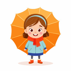Cute cartoon girl with brown hair wearing a blue coat and red scarf, joyfully holding an orange umbrella, embodying the vibrant spirit of autumn and cheerful vibes