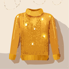 Cozy knitted yellow sweater adorned with decorative lights, illuminated by warm light, creating a welcoming autumn vibe in a stylish indoor setting with garland accents