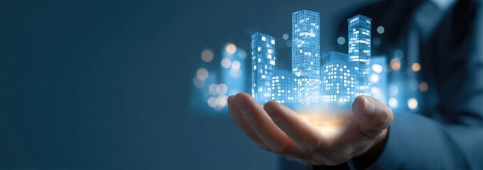 A hand holds a digital cityscape, glowing with light