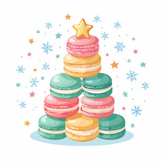 Colorful stack of macarons arranged like a mini Christmas tree with a star on top, surrounded by pastel snowflakes and festive decorations, flat vector illustration