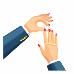 Hands with rainbow manicure exchanging wedding rings in a close-up vector illustration, showcasing love and commitment in a gender-neutral wedding concept with vibrant colors