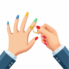 Hands with colorful manicures exchanging wedding rings in a vibrant and inclusive celebration, showcasing love and commitment in a gender-neutral wedding illustration
