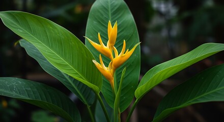 Close up of vibrant yellow heliconia flower with green leaves in natural light