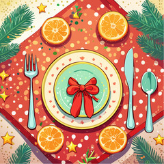 Minimalist vector illustration of a Christmas dinner table setting featuring plates, cutlery, and festive decorations, showcasing a top view arrangement with vibrant colors and textures