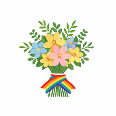 Colorful bouquet featuring vibrant flowers wrapped with a rainbow ribbon, symbolizing love and inclusivity, perfect for LGBTQ weddings and gender-neutral celebrations in a minimalistic design