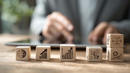 Wooden blocks with business icons on a table, hands in the background.  Business strategy, growth, and planning concept