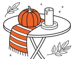 Orange pumpkin and candle on a table with a striped autumn scarf, surrounded by leaves, creating a cozy autumn vibe for seasonal decor and celebration
