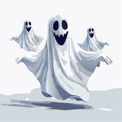 Spooky floating ghosts in white sheets, illustrated in vector style, create a haunting atmosphere for Halloween celebrations, perfect for festive designs and seasonal themes