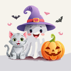 Adorable Halloween characters featuring a playful ghost in a witch hat, a cute cat, and a carved pumpkin, all in a pastel vector style with whimsical bats and cheerful ambiance
